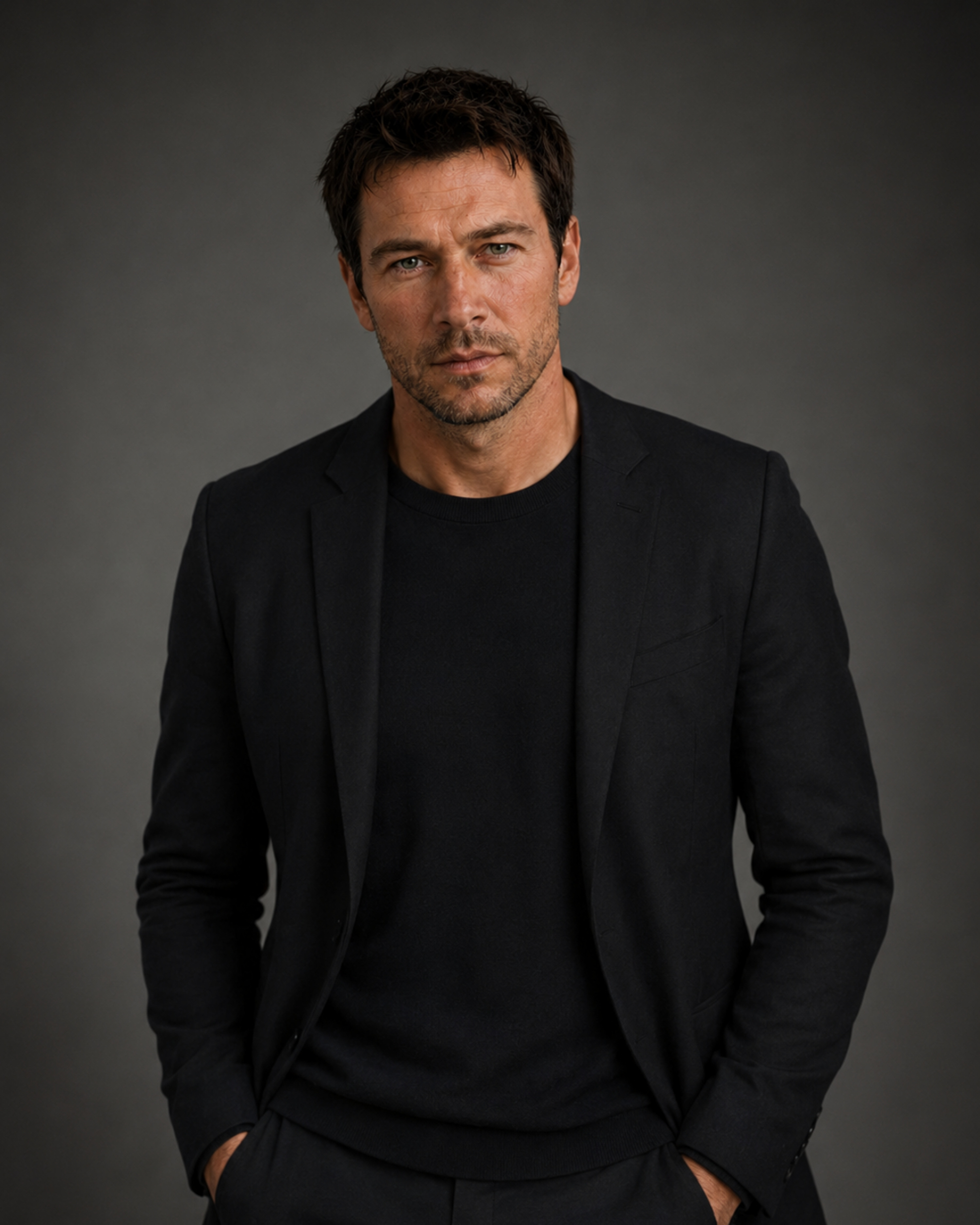 Studio portrait of virtual performer Cole Mercer wearing a black tailored jacket against a charcoal-gray background.