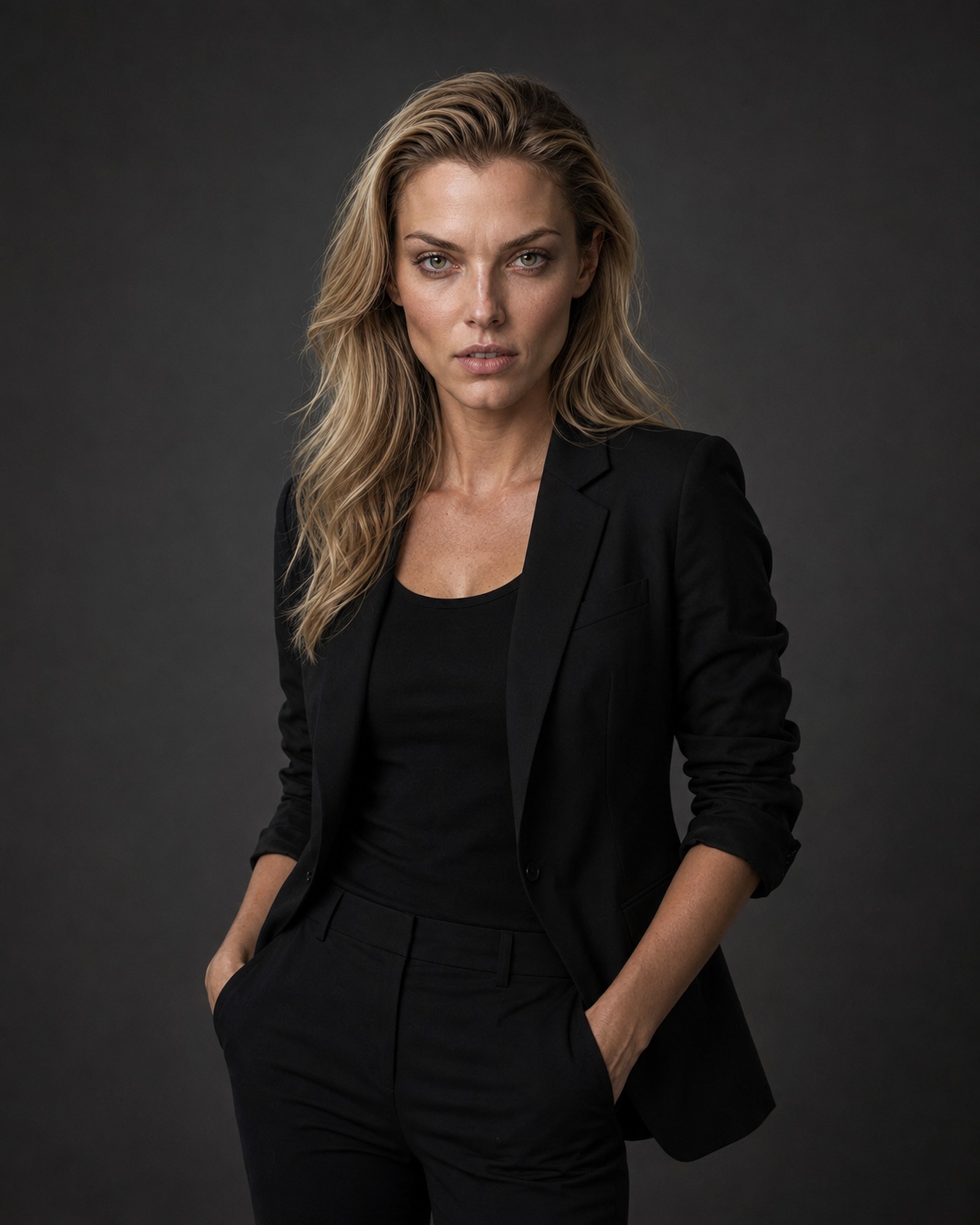Studio portrait of virtual performer Nadia Hart wearing a black tailored jacket against a charcoal-gray background.