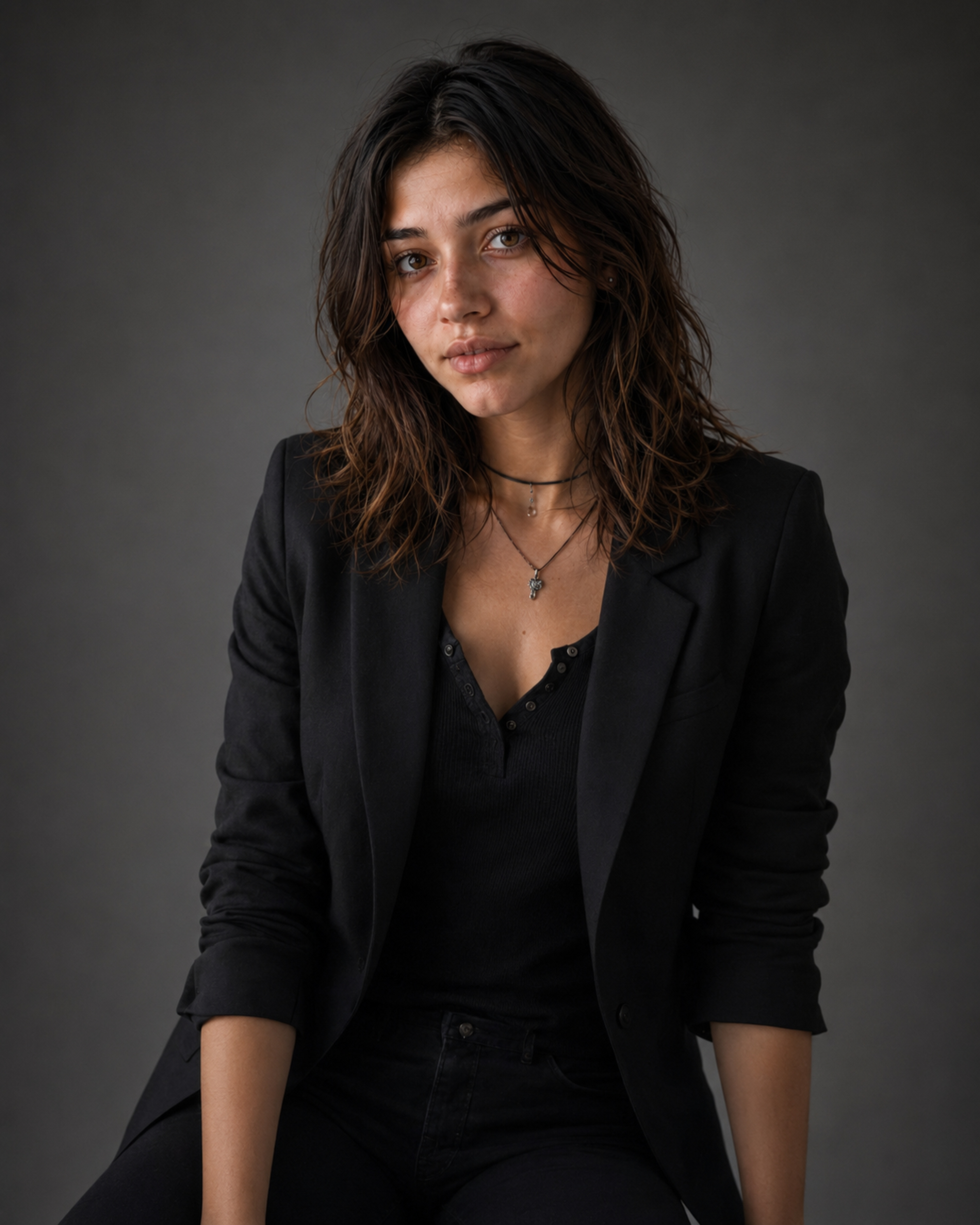 Studio portrait of virtual performer Riley Ashford wearing a black tailored jacket against a charcoal-gray background.