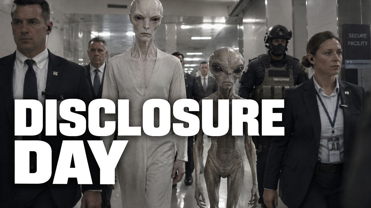 A tall pale non-human representative and a smaller grey representative walk through a secure facility with government personnel, with Disclosure Day title treatment.