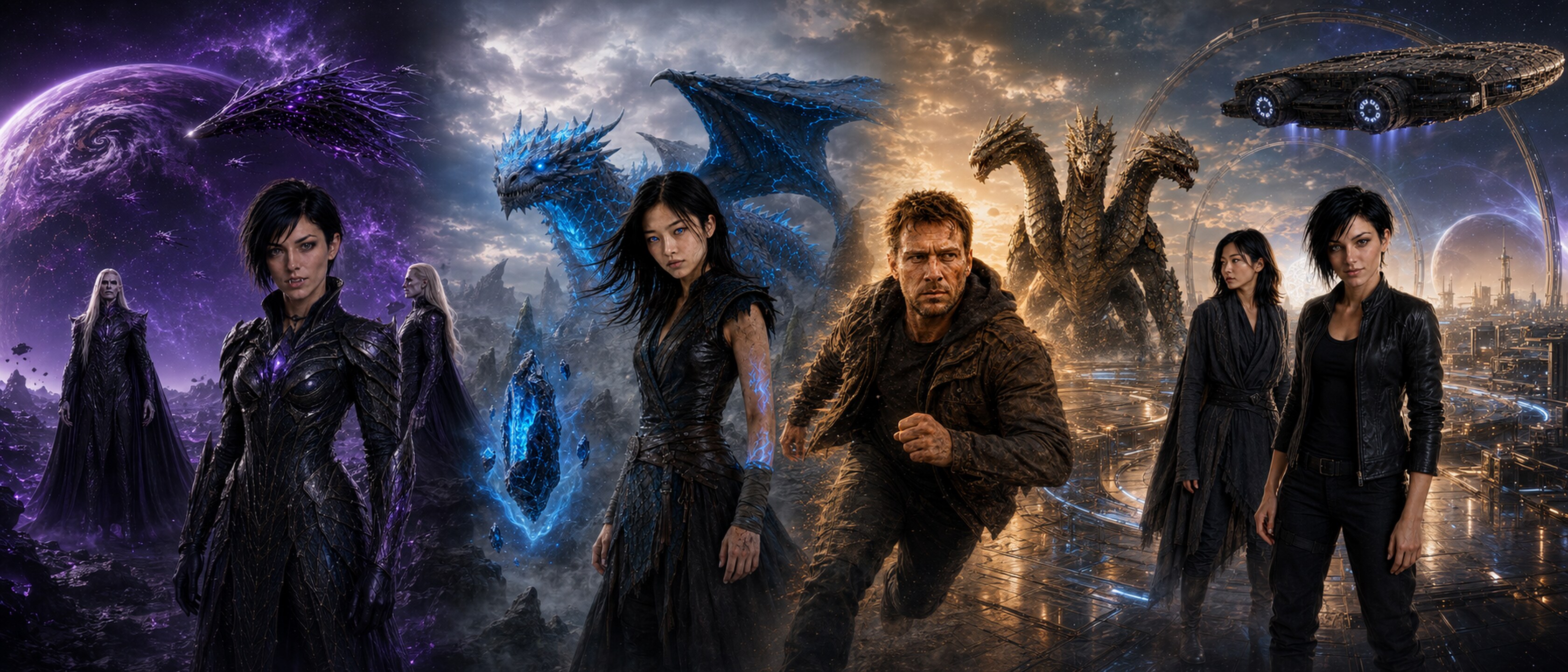 Characters from WARP original series gathered across a cinematic landscape of science-fiction and fantasy worlds.