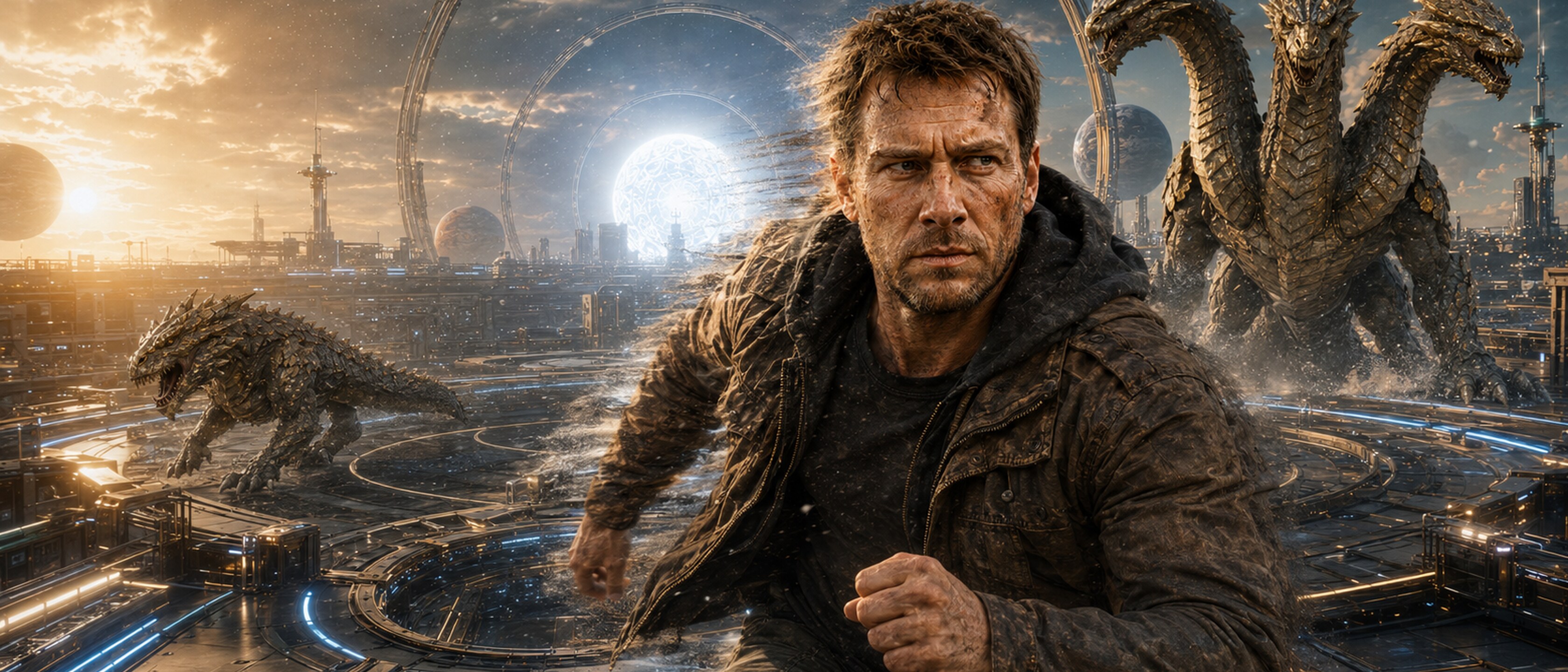 Daniel Keller and other survivors running through a burning city beneath an alien arena structure.