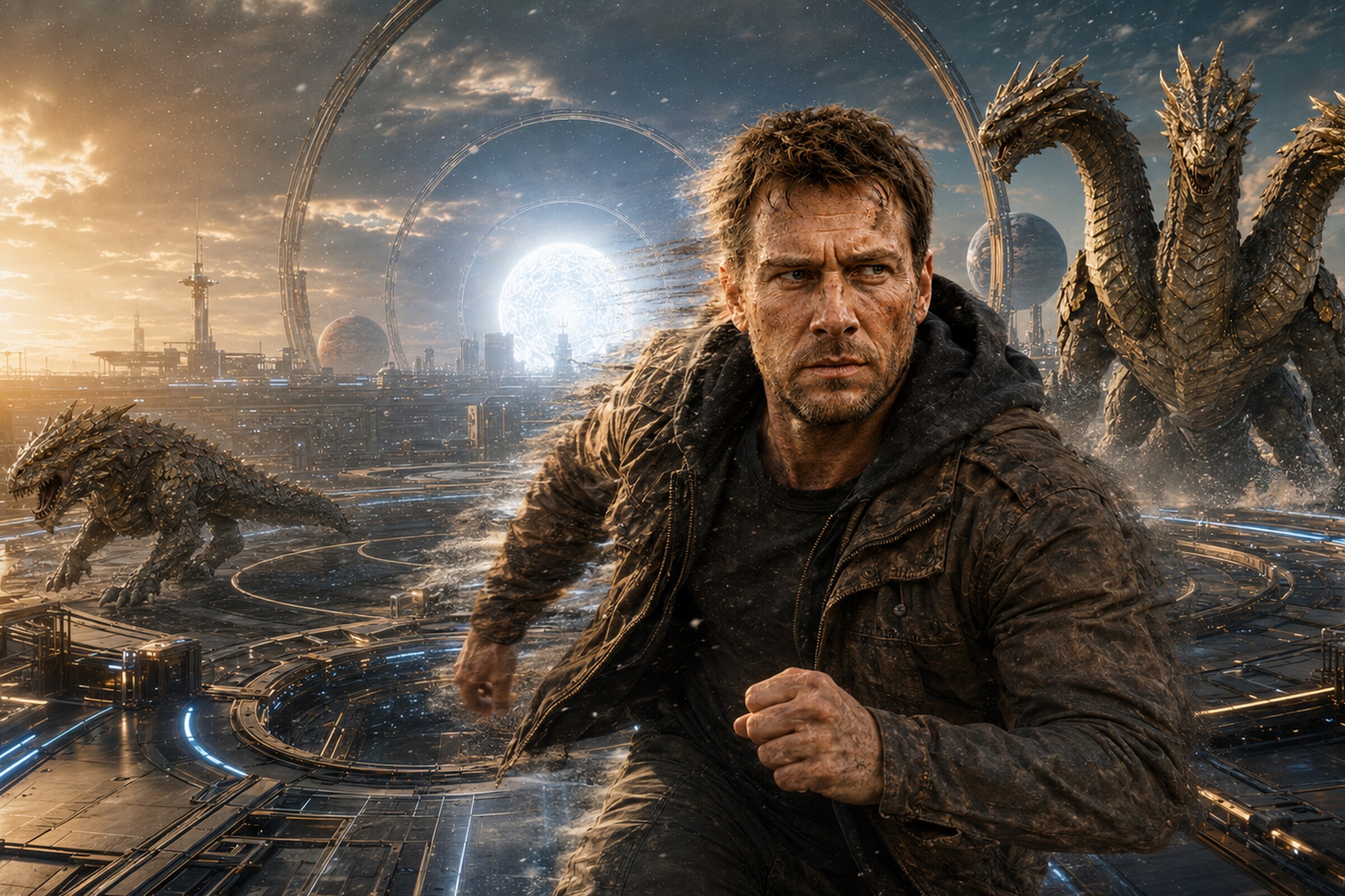 Daniel Keller and other survivors running through a burning city beneath an alien arena structure.