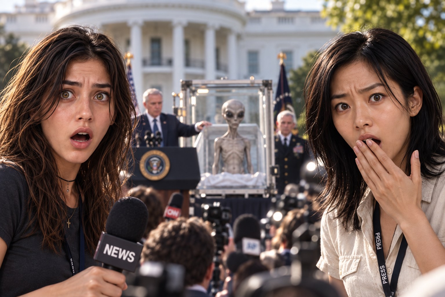 Nari and Maddie react to a press event outside the White House as a grey alien stands in a transparent enclosure behind them.
