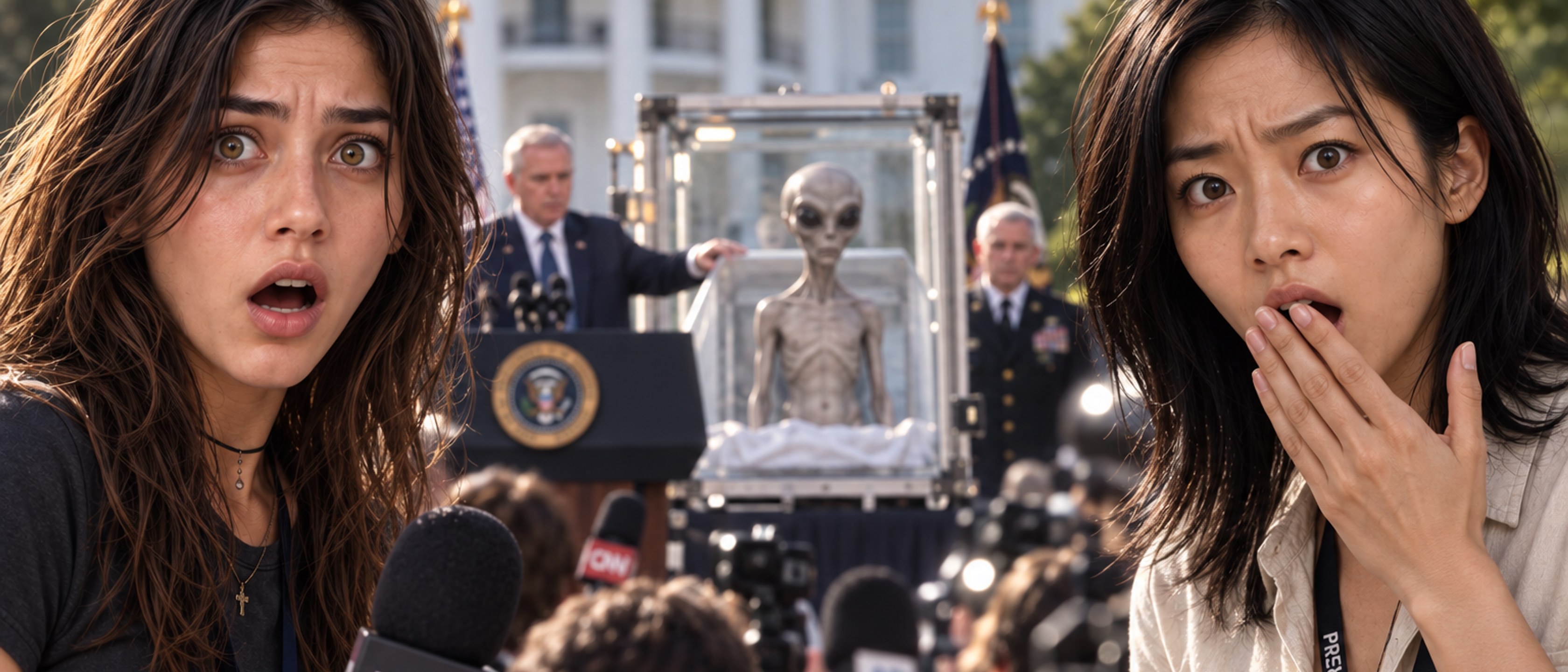 Nari and Maddie react to a press event outside the White House as a grey alien stands in a transparent enclosure behind them.