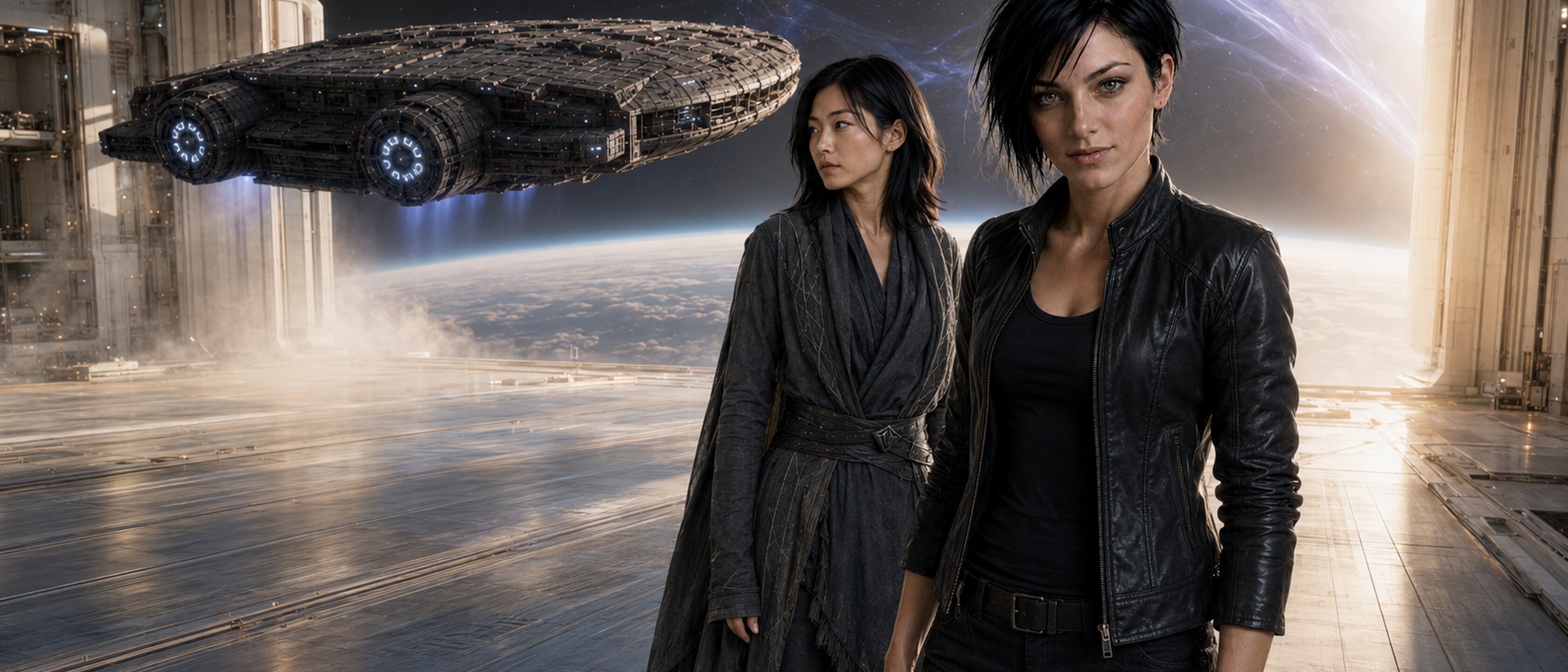 The black asymmetrical Noctilion spacecraft awakening inside a bright orbital hangar above a blue world.