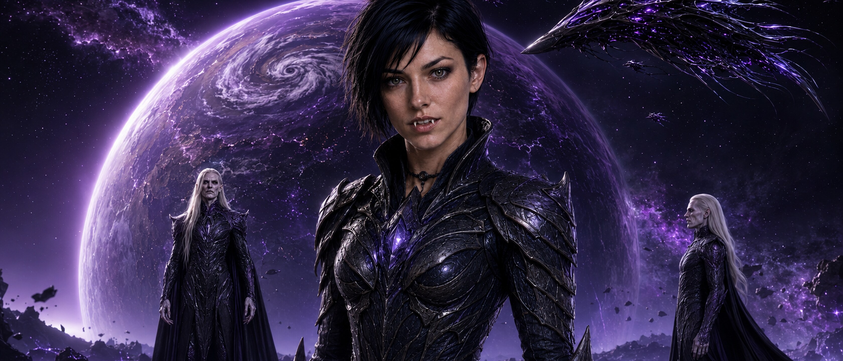 Lyra Voss in living black bio-armor before the violet planet Nocturna, with a bioship and vampire antagonists behind her.