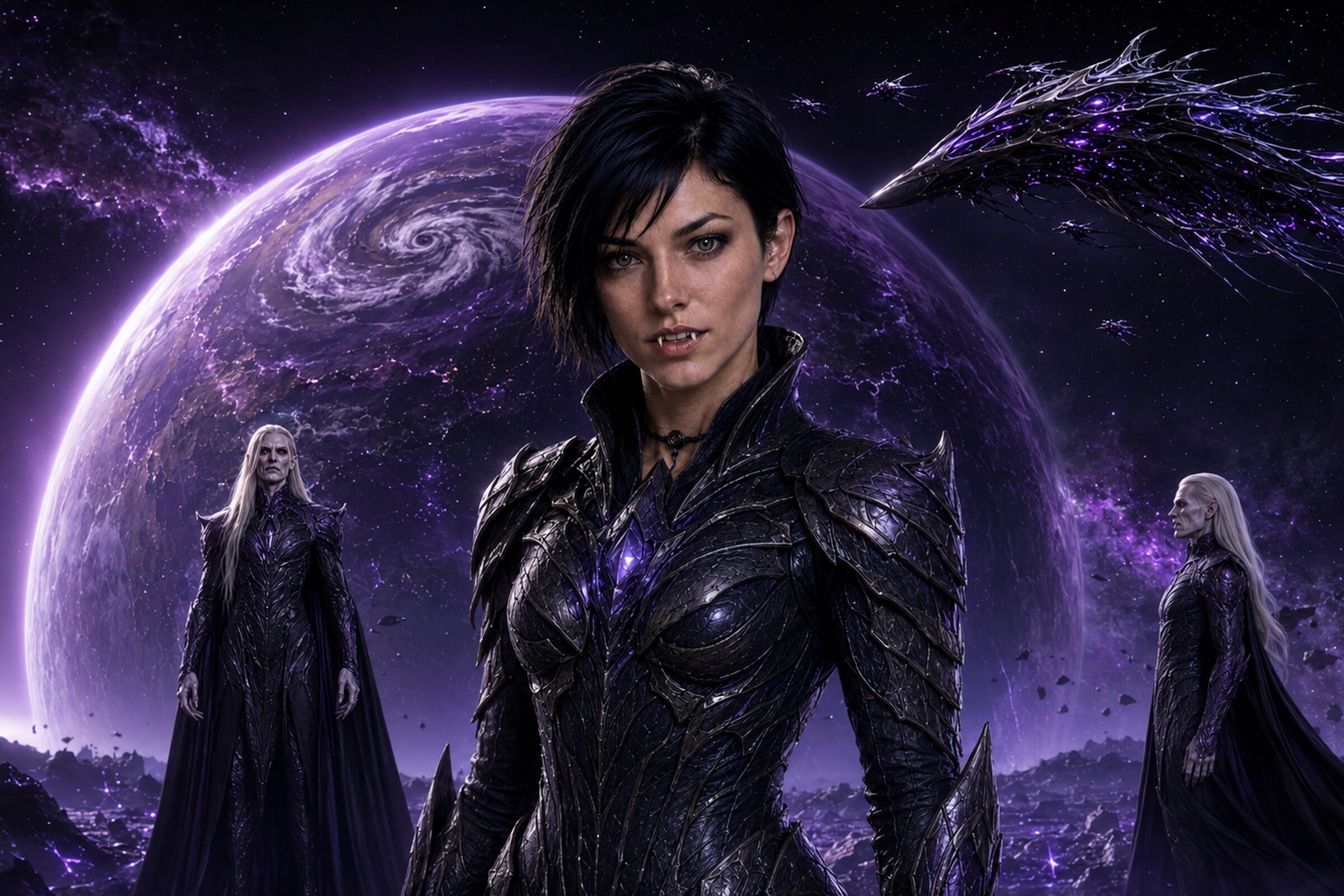 Lyra Voss in living black bio-armor before the violet planet Nocturna, with a bioship and vampire antagonists behind her.