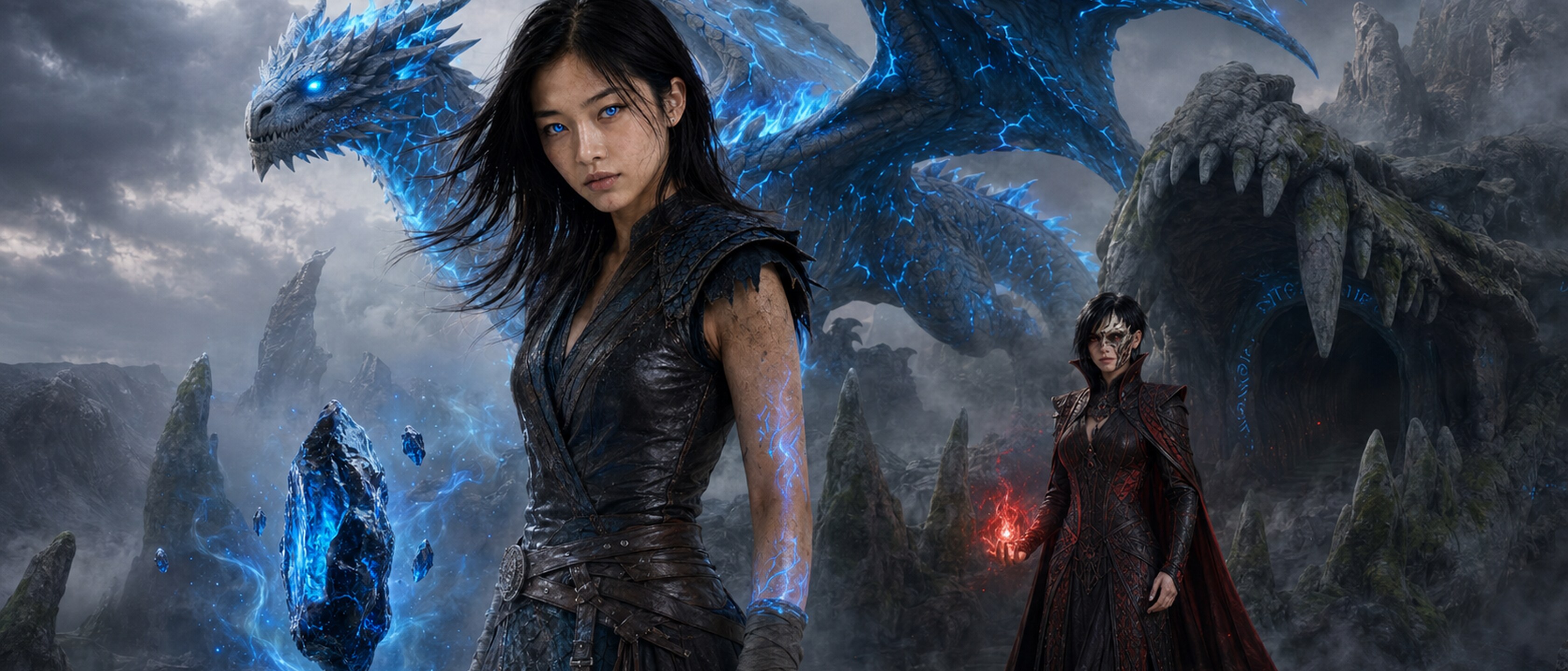 Kaia Auren with glowing blue Dragonheart power, Aru’khal above her and Seris Vhal at the Broken Jaw.