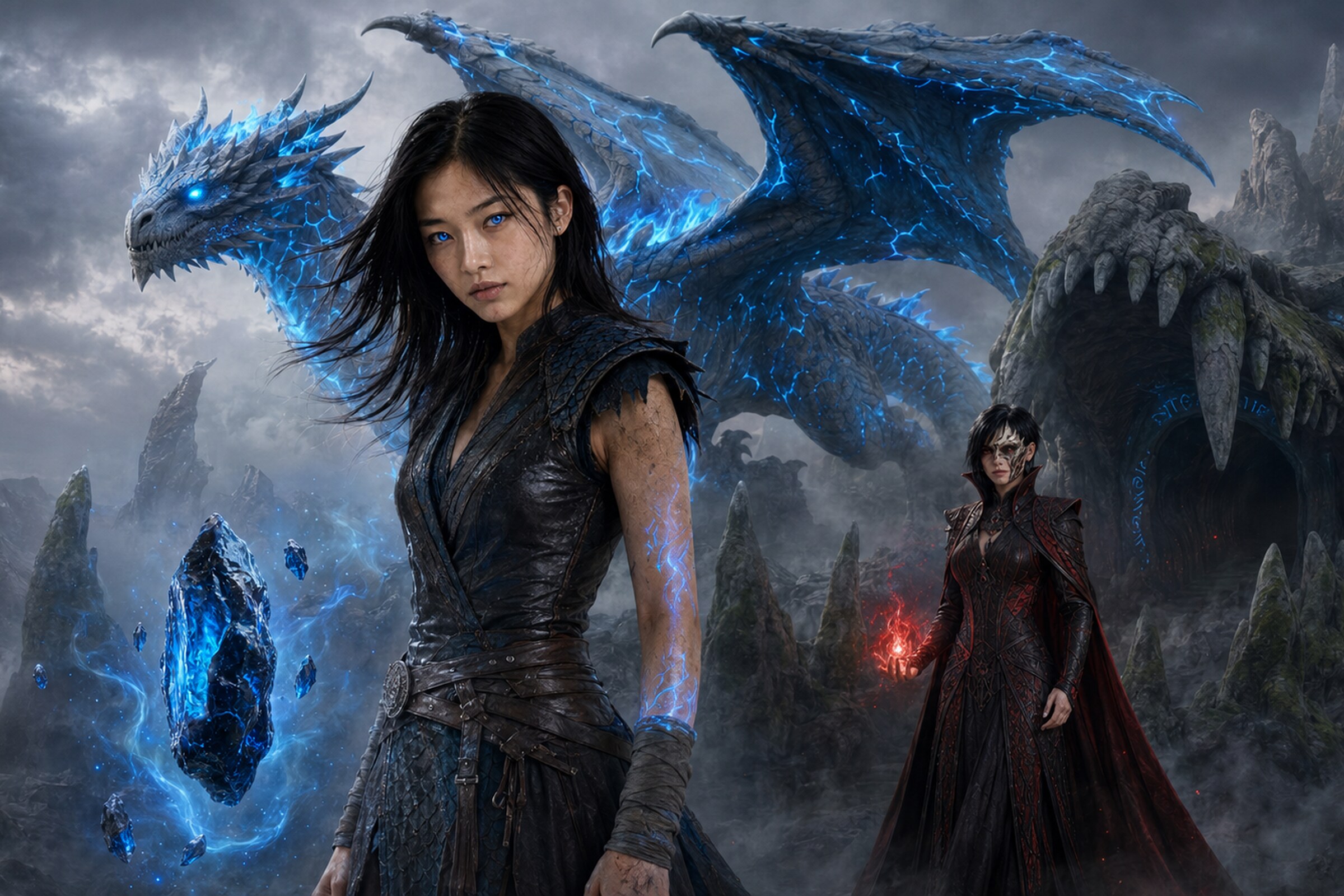 Kaia Auren with glowing blue Dragonheart power, Aru’khal above her and Seris Vhal at the Broken Jaw.